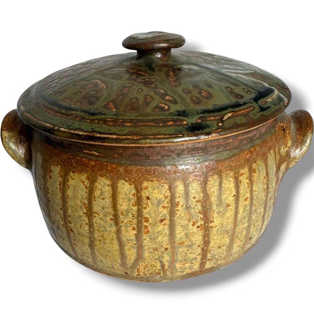Studio Pottery Lidded Casserole Dish Signed Drip Glaze Earth Tone MCM Organic
